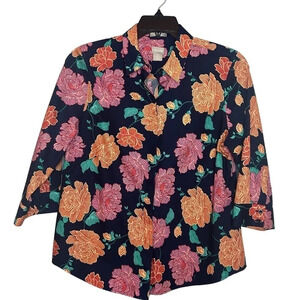Chico’s button down shirt 3/4 sleeve flowers blue pink no iron women’s size 8